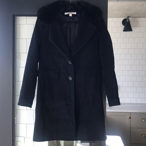 DKNY Black Faux Fur Collar Wool Coat - Picture 3 of 7